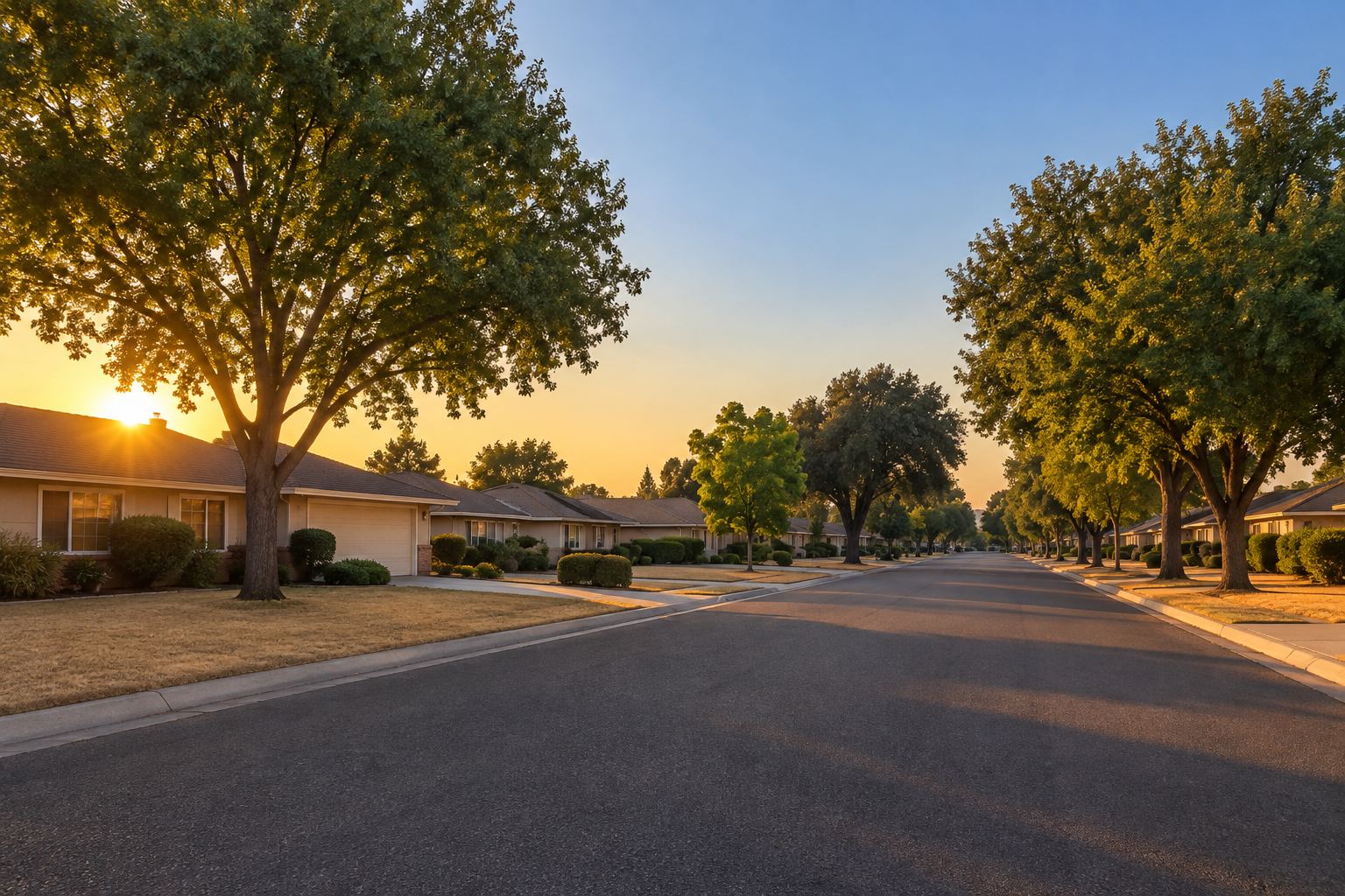 A quiet Fresno, California neighborhood street at golden hour, illustrative