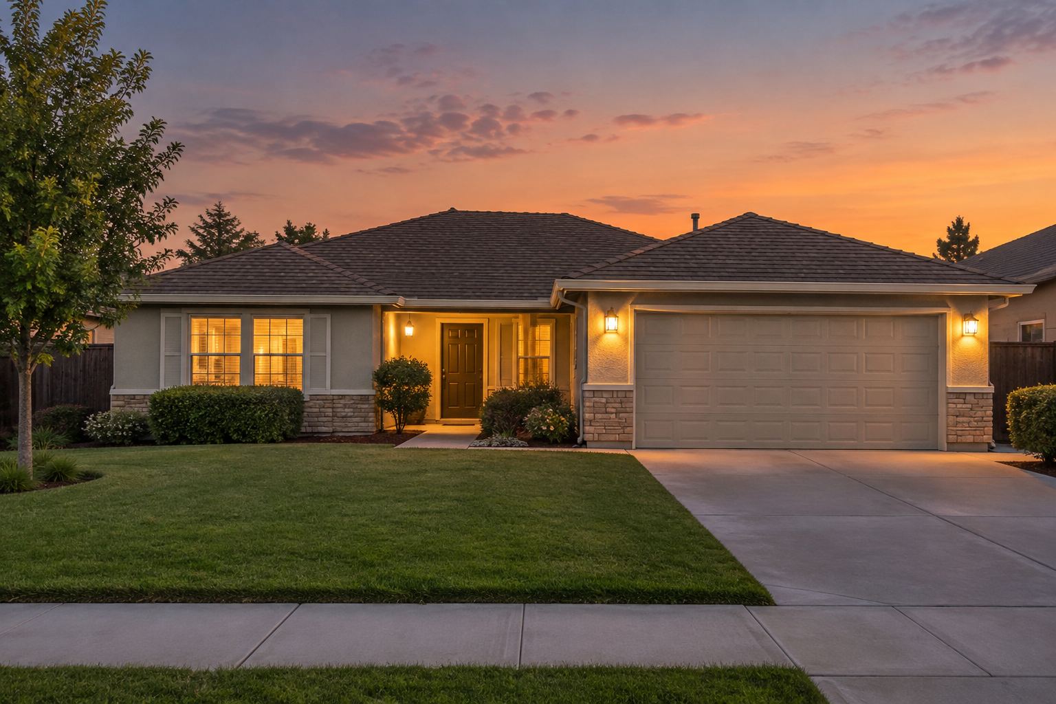 A single story Central Valley, California home exterior at dusk, illustrative