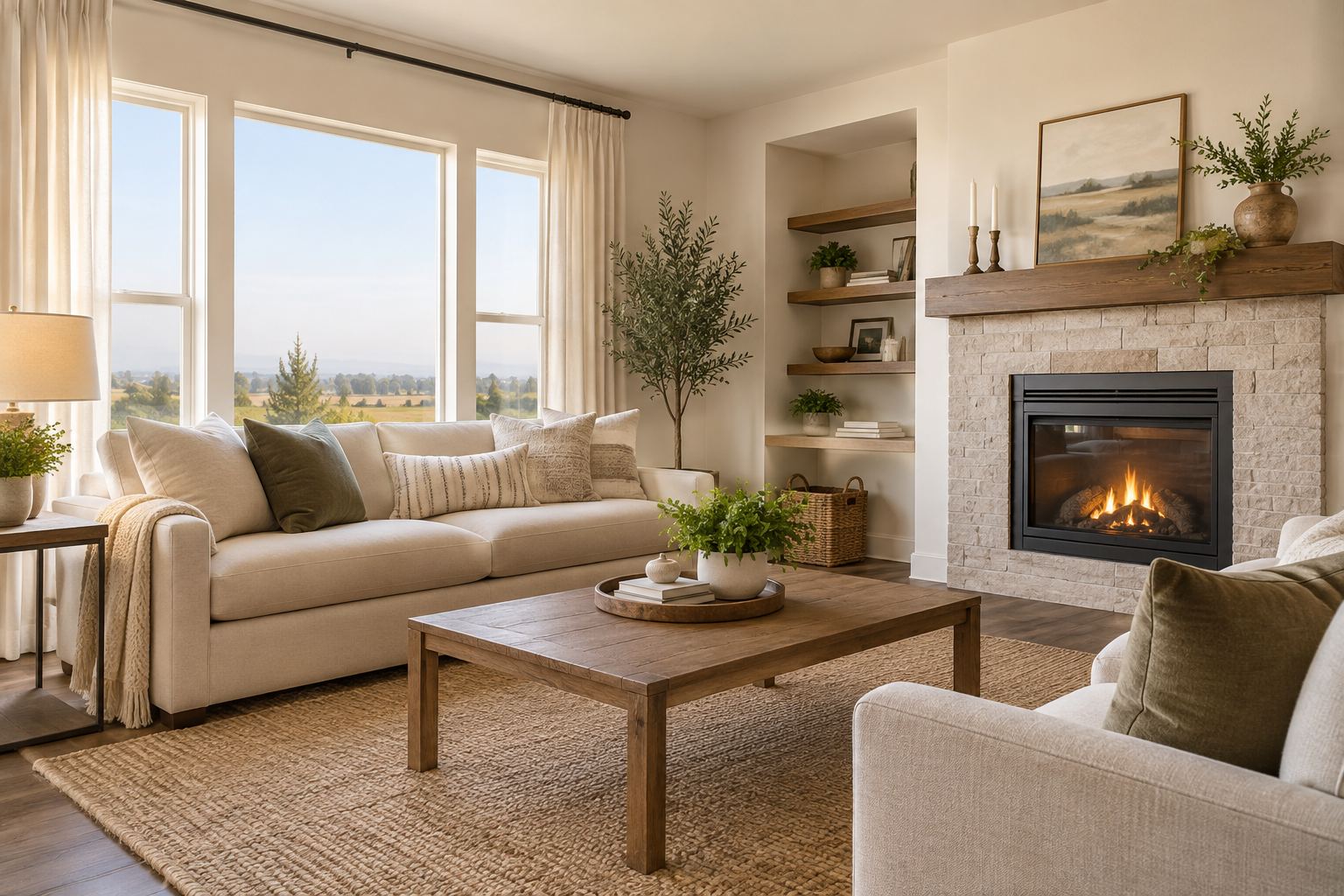 A warm Central Valley, California living room, illustrative